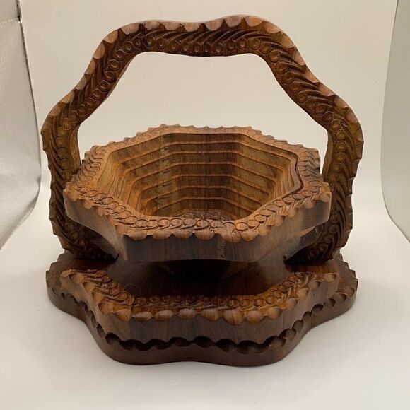 The Wooden Basket Hand-carved Collapsible Wooden Basket Excellent Craftsmanship - Picture 8 of 17